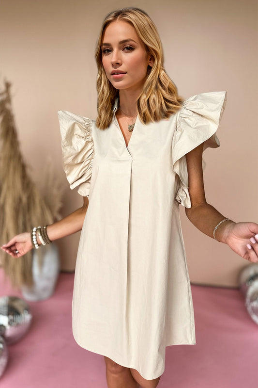 Oh Ruched Johnny Collar Cap Sleeve Mini Dress